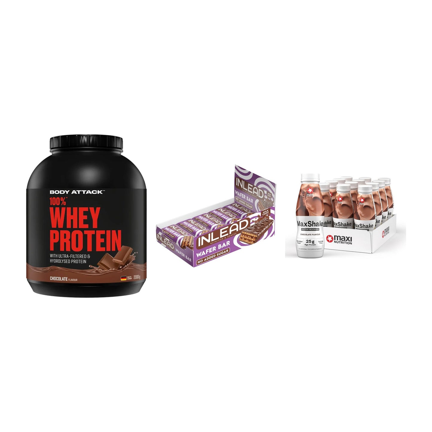 Schokolade Geschmacks-Trio: Body Attack + 3× INLEAD Wafer + 1 weitere – alle enthaltenen Artikel