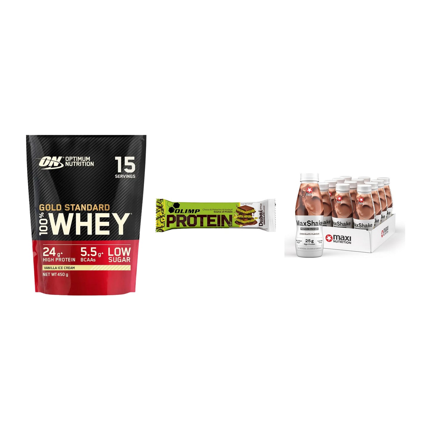 Schokolade Geschmacks-Trio: ON Whey Gold Standard + 2 weitere – alle enthaltenen Artikel