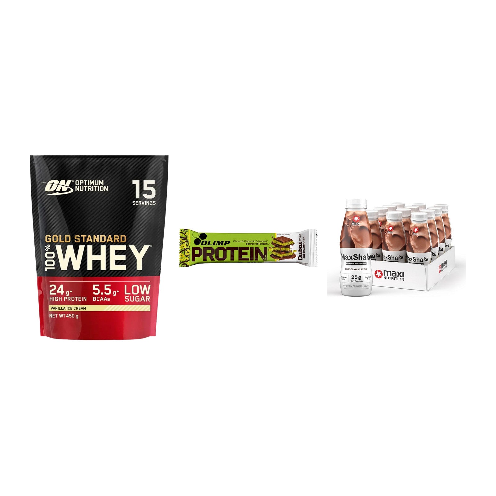Schokolade Geschmacks-Trio: ON Whey Gold Standard + 2 weitere – alle enthaltenen Artikel