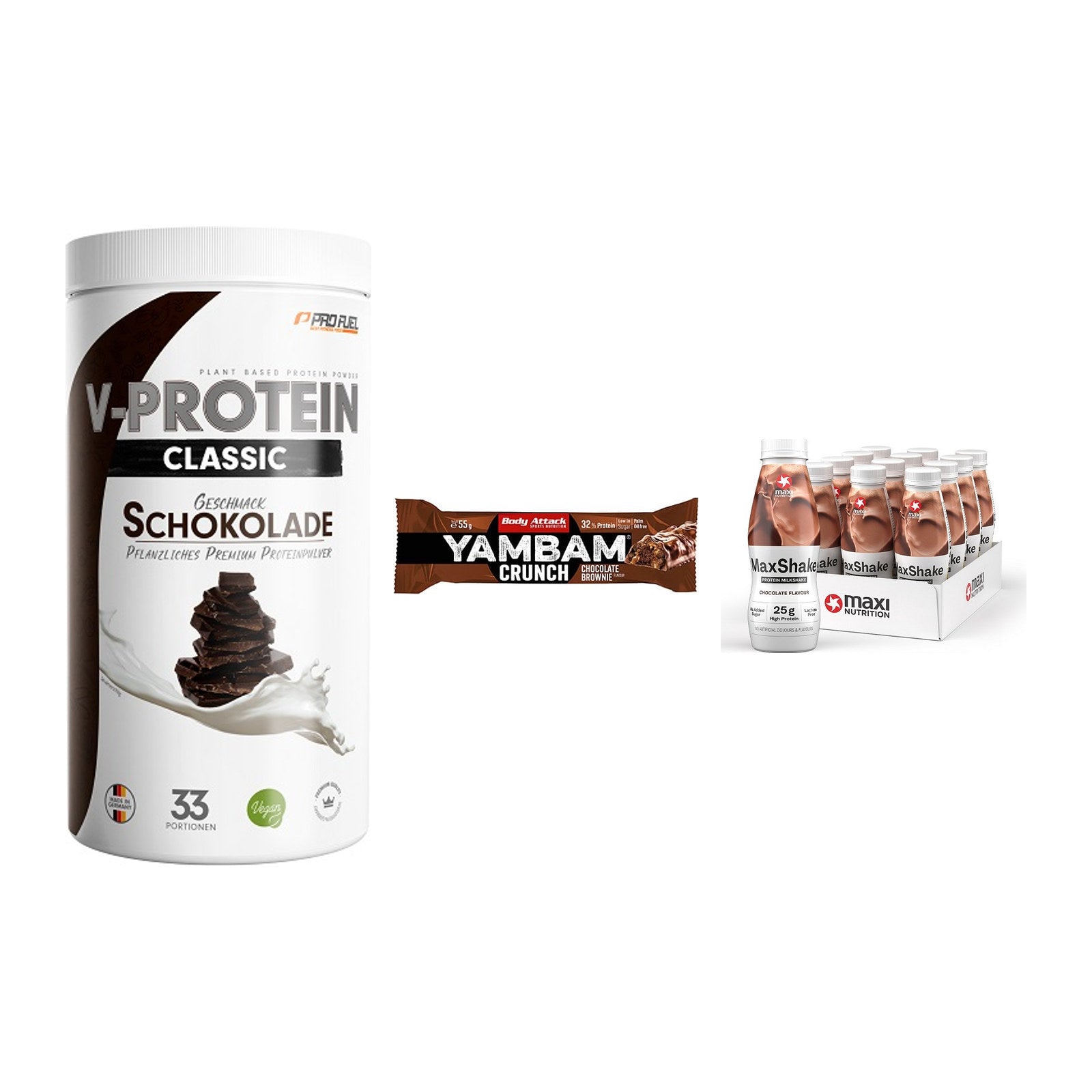 Schokolade Geschmacks-Trio: ProFuel + 3× Body Attack + 2× MaxiNutritio – alle enthaltenen Artikel
