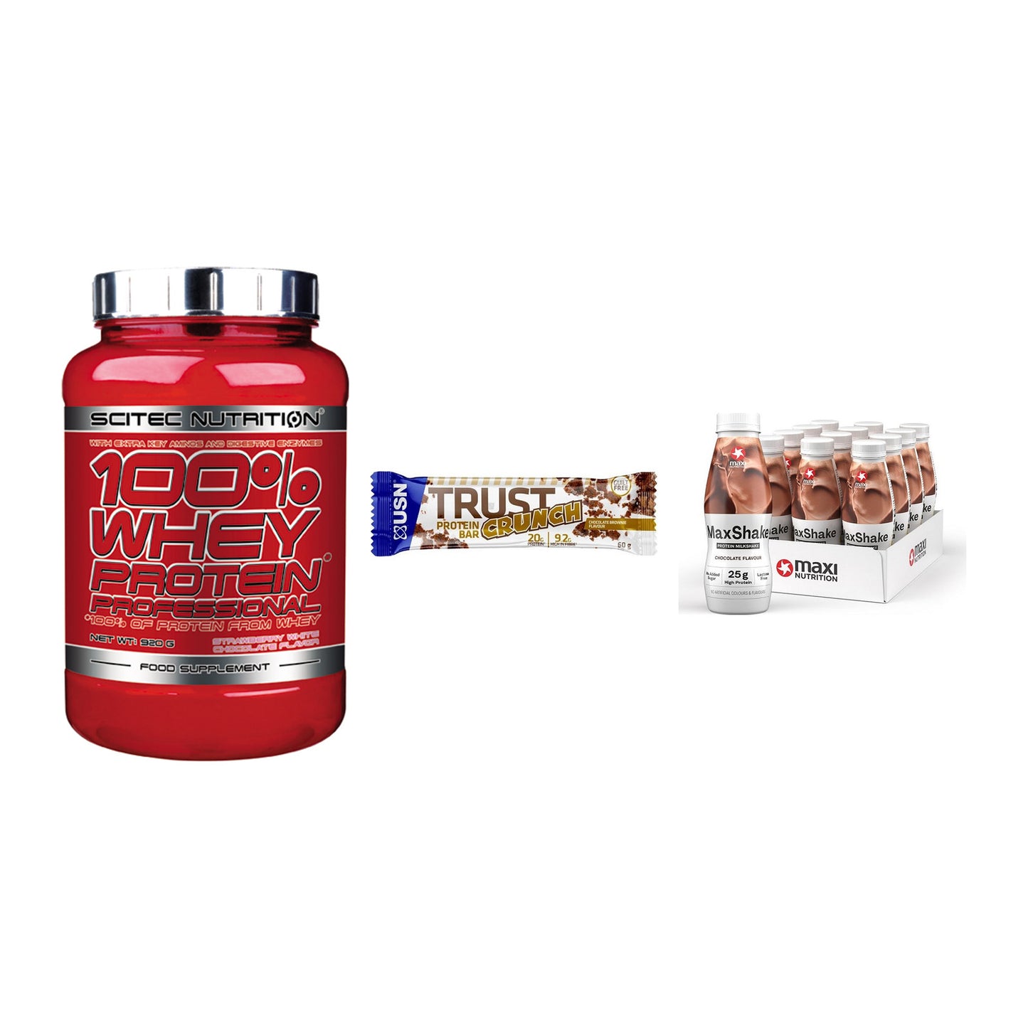 Schokolade Geschmacks-Trio: Scitec 100% + 3× USN TRUST + 1 weitere – alle enthaltenen Artikel