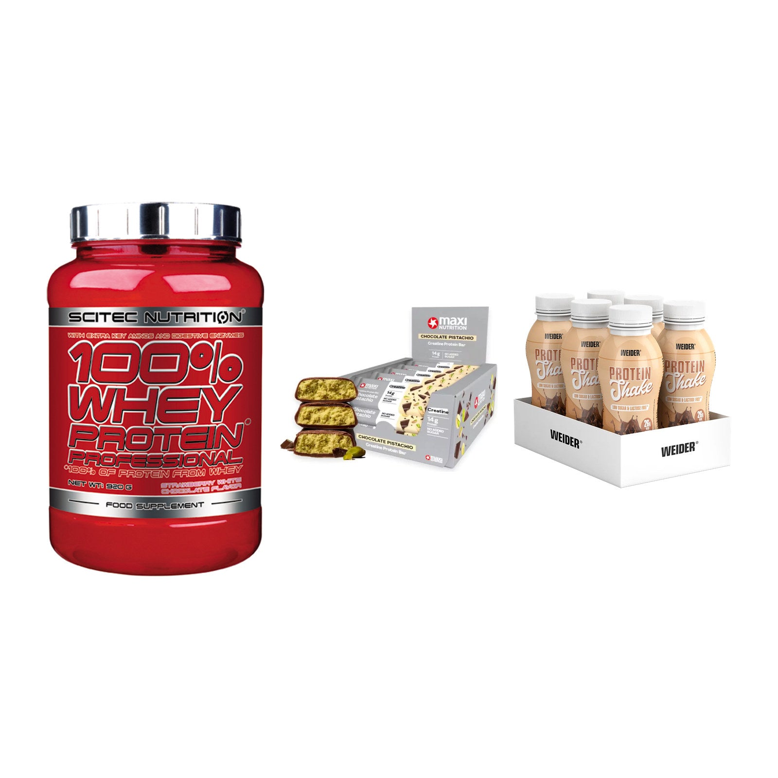 Schokolade Geschmacks-Trio: Scitec 100% + 3× MaxiNutrition + 1 weitere – alle enthaltenen Artikel