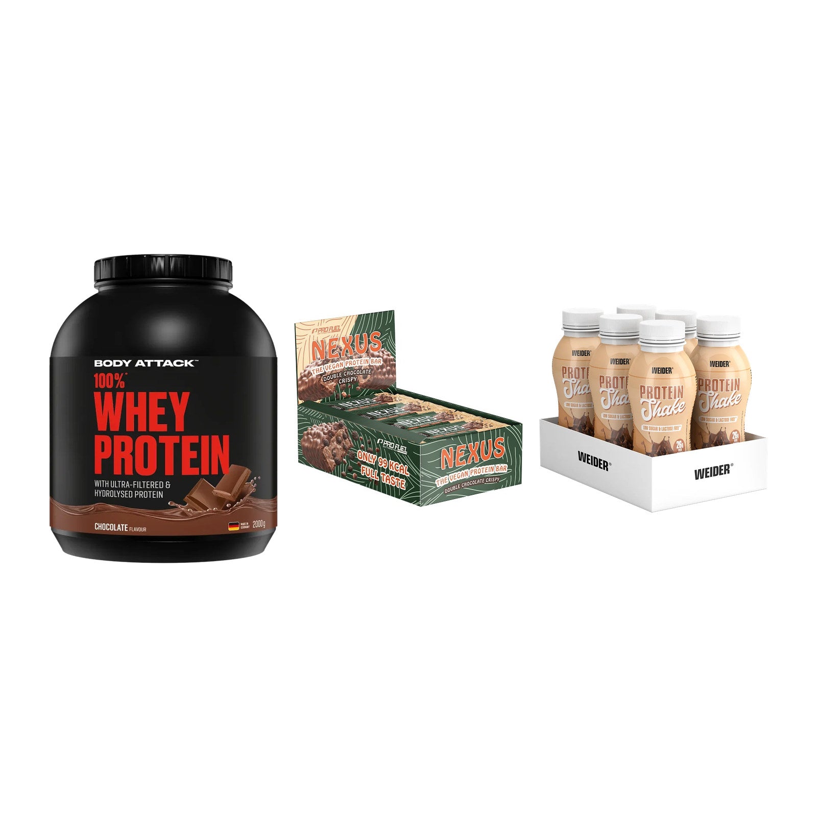 Schokolade Geschmacks-Trio: Body Attack + 3× ProFuel + 2× Weider PROTE – alle enthaltenen Artikel