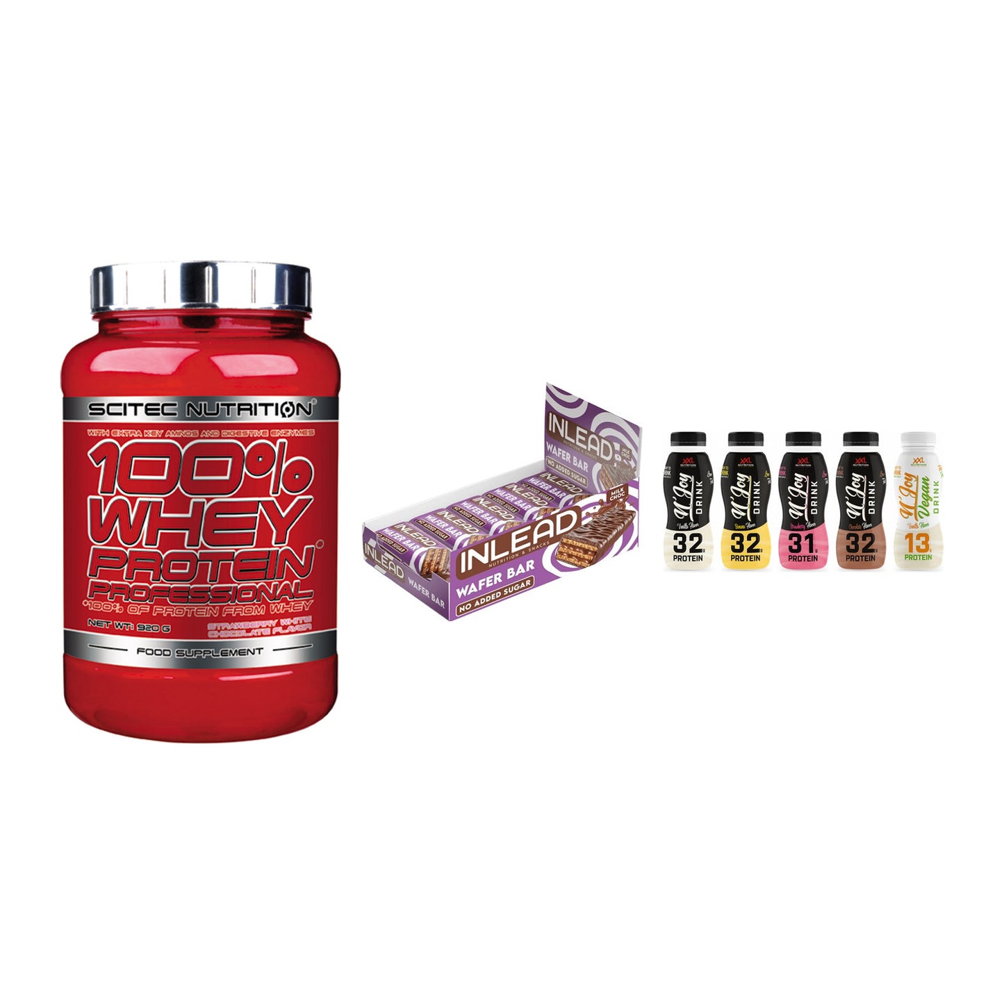 Schokolade Geschmacks-Trio: Scitec 100% + 3× INLEAD Wafer + 1 weitere – alle enthaltenen Artikel