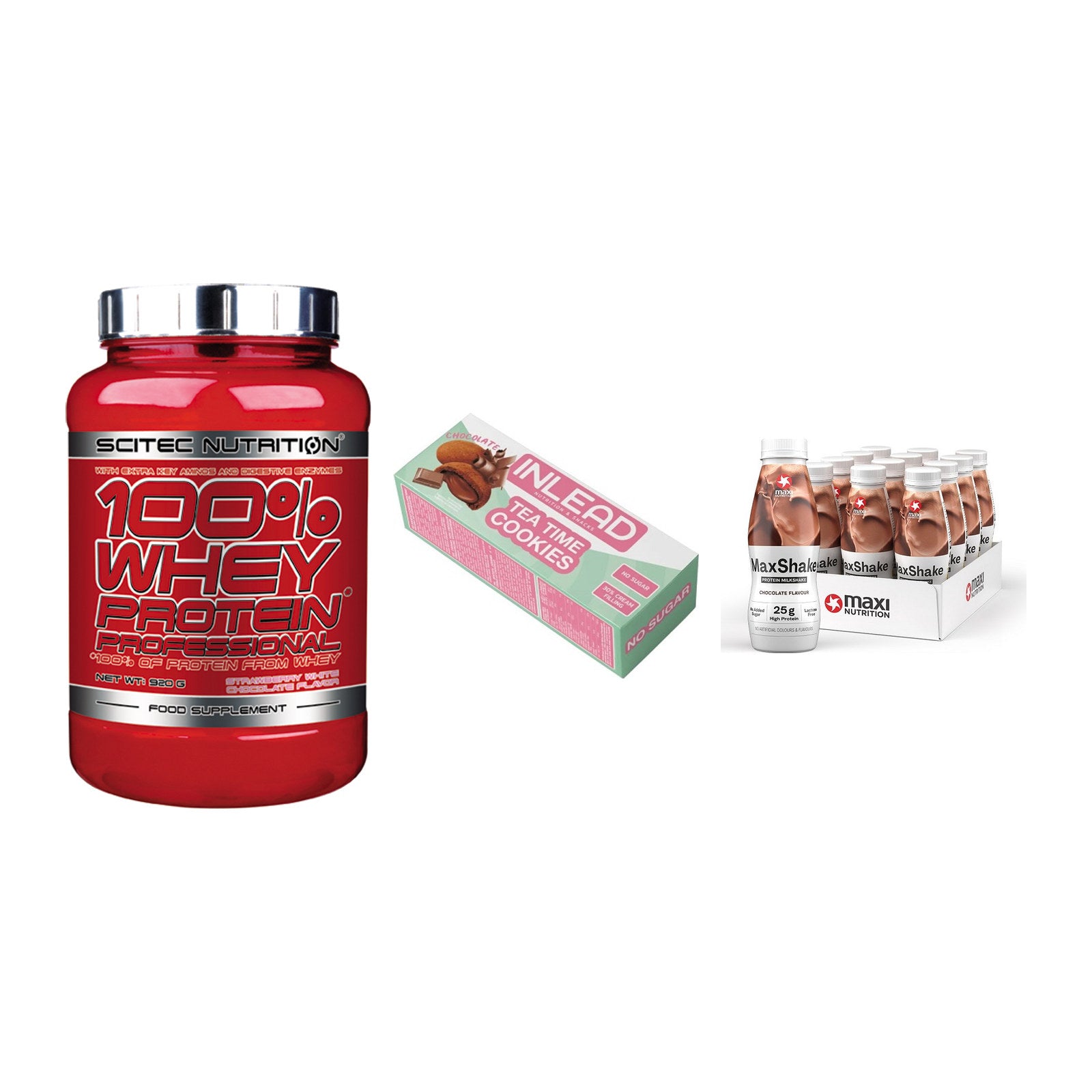 Schokolade Geschmacks-Trio: Scitec 100% + 3× INLEAD Tea + 1 weitere – alle enthaltenen Artikel
