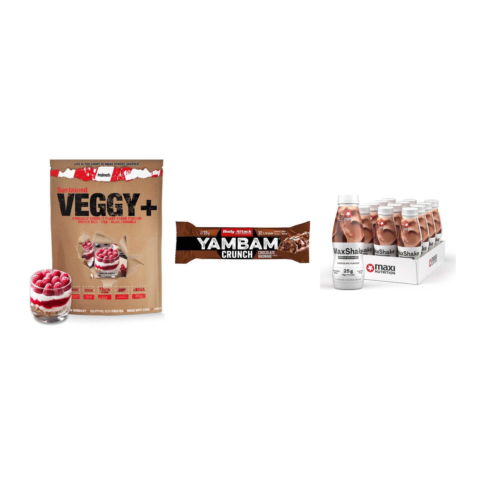 Schokolade Geschmacks-Trio: Sinob VEGGY + 3× Body Attack + 1 weitere – alle enthaltenen Artikel