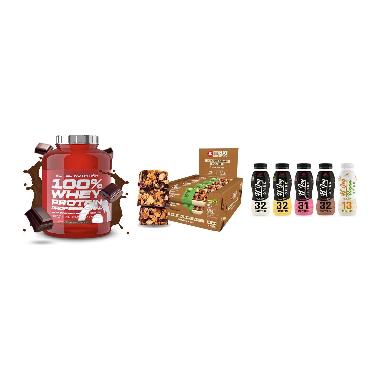 Schokolade Geschmacks-Trio: Scitec 100% + 3× MaxiNutrition + 1 weitere – alle enthaltenen Artikel