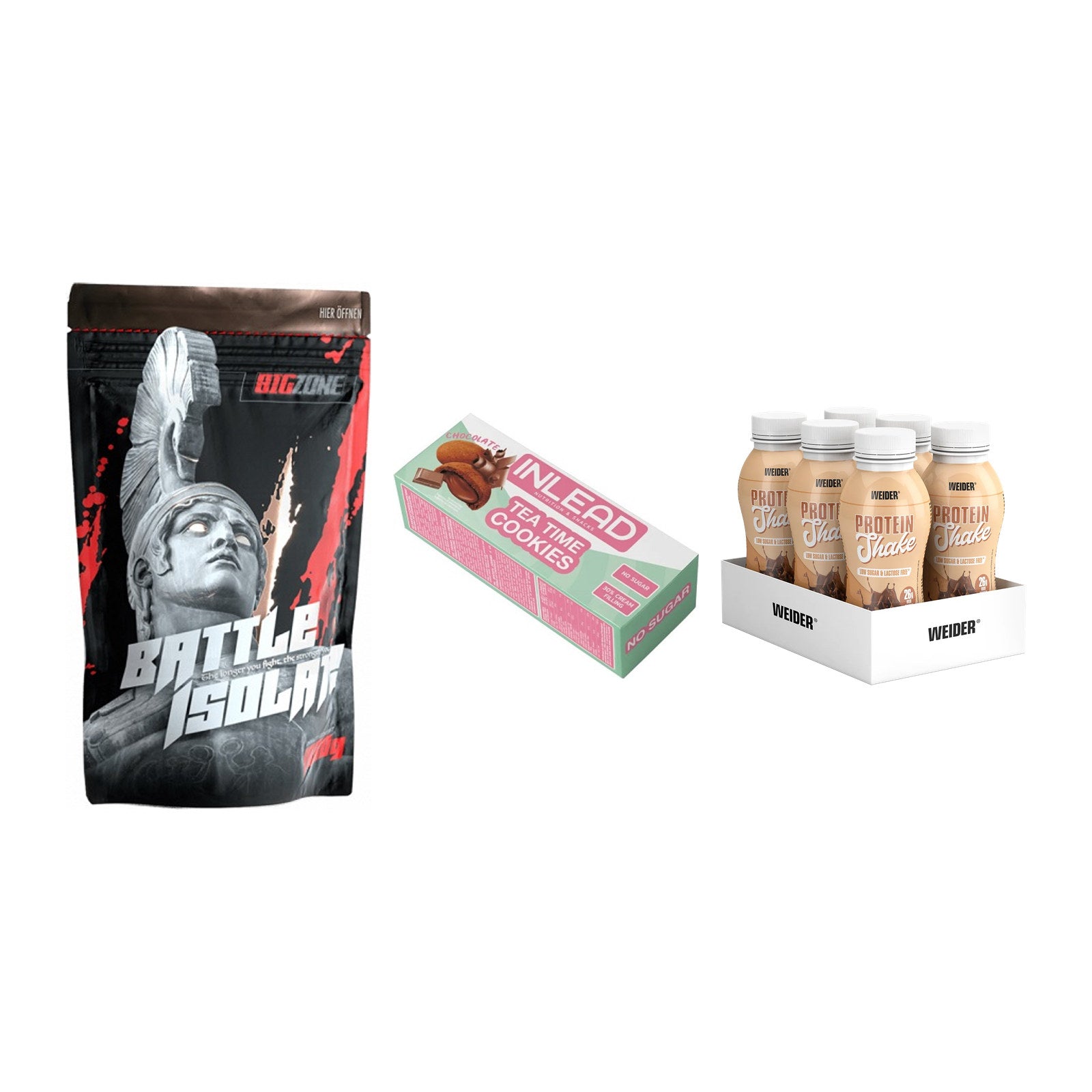 Schokolade Geschmacks-Trio: Big Zone + 3× INLEAD Tea + 2× Weider PROTE – alle enthaltenen Artikel