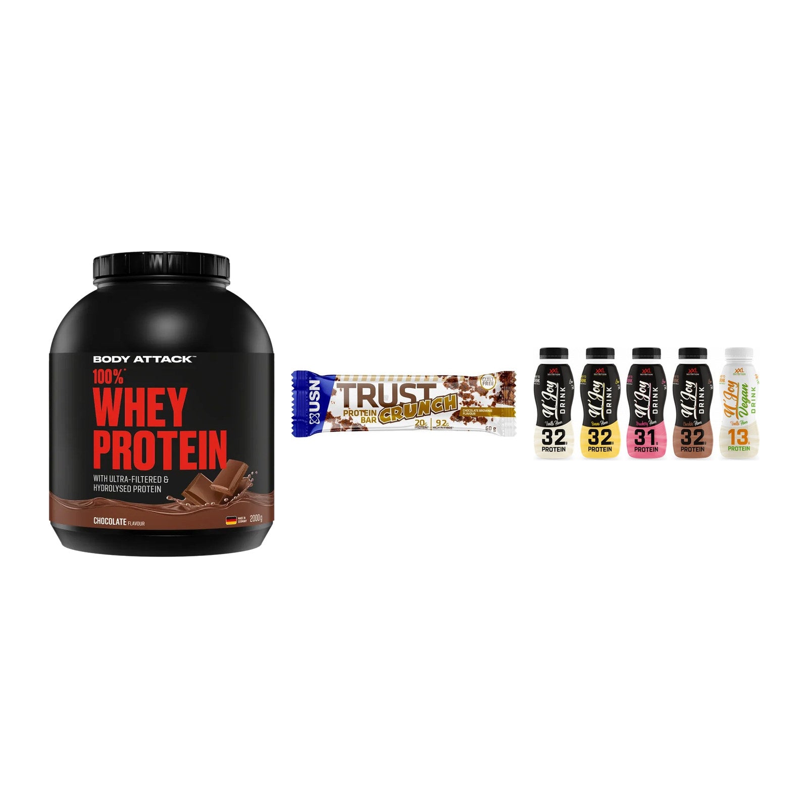 Schokolade Geschmacks-Trio: Body Attack + 3× USN TRUST + 1 weitere – alle enthaltenen Artikel