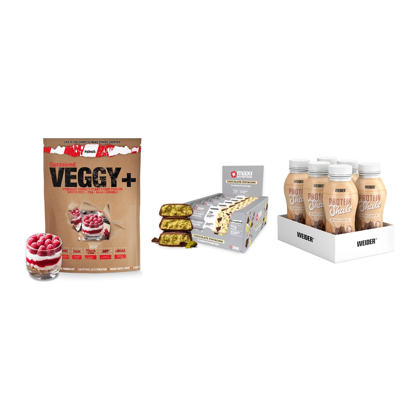 Schokolade Geschmacks-Trio: Sinob VEGGY + 3× MaxiNutrition + 1 weitere – alle enthaltenen Artikel