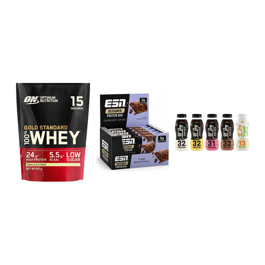 Schokolade Geschmacks-Trio: ON Whey Gold + 3× ESN Designer + 1 weitere – alle enthaltenen Artikel
