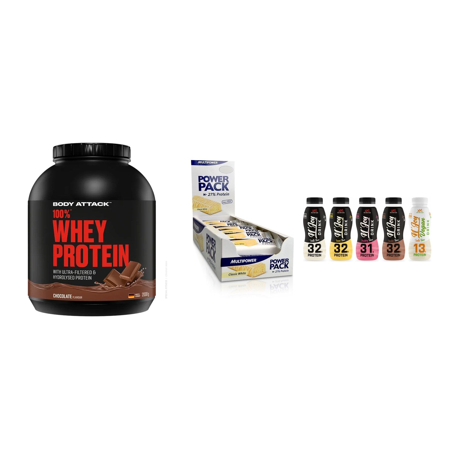 Schokolade Geschmacks-Trio: Body Attack + 3× Multipower + 1 weitere – alle enthaltenen Artikel