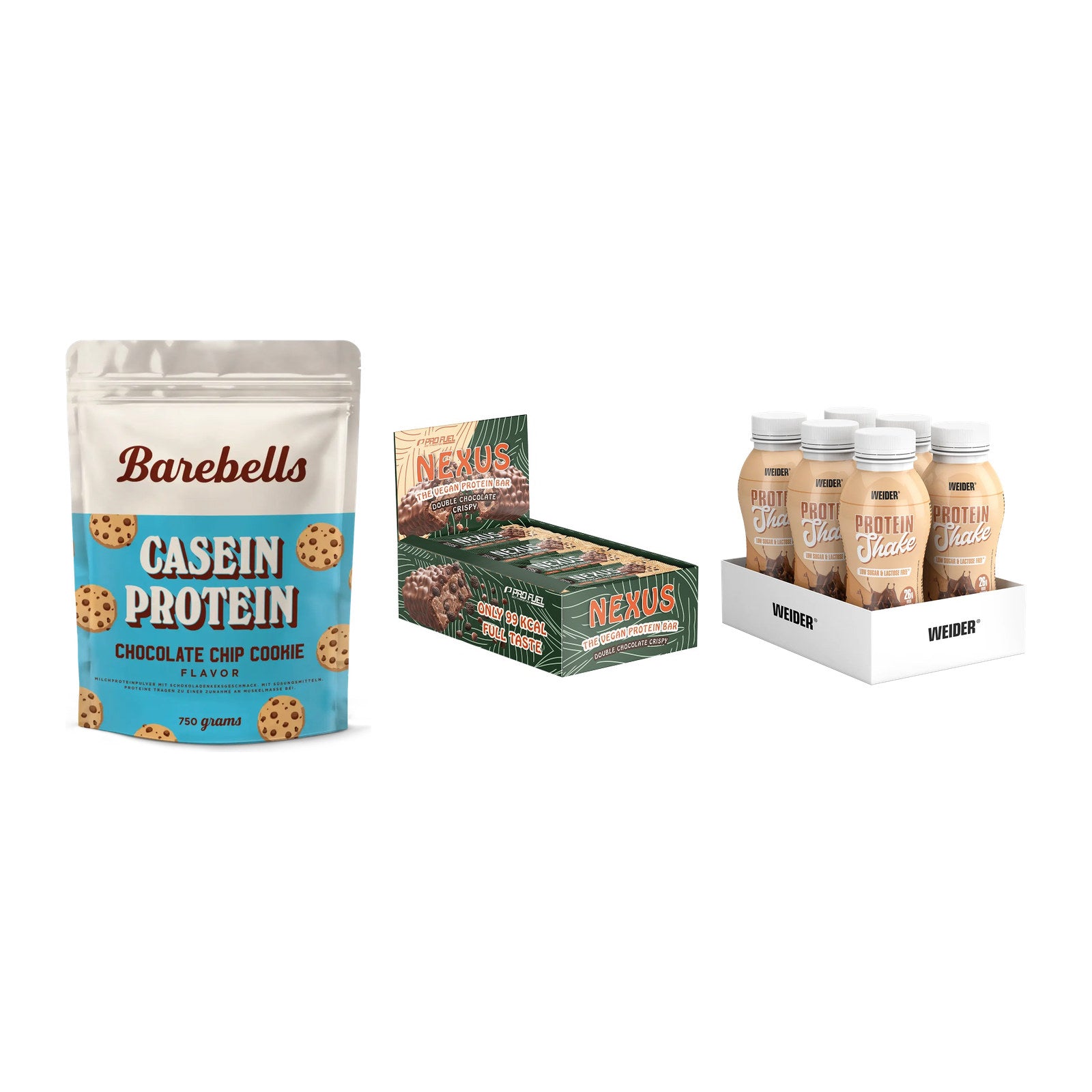 Schokolade Geschmacks-Trio: Barebells + 3× ProFuel + 2× Weider PROTE – alle enthaltenen Artikel