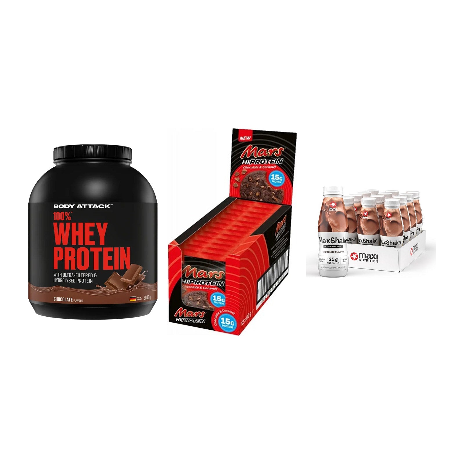 Schokolade Geschmacks-Trio: Body Attack + 3× Mars High + 1 weitere – alle enthaltenen Artikel