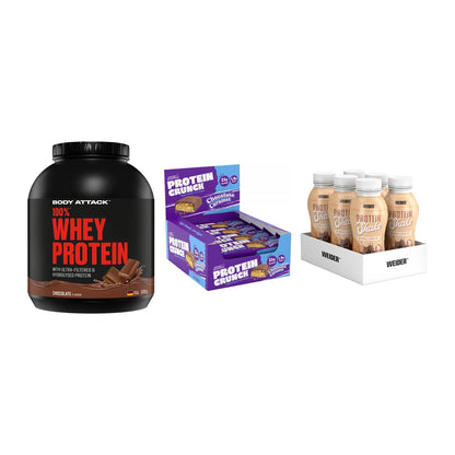 Schokolade Geschmacks-Trio: Body Attack + 3× Applied + 2× Weider PROTE – alle enthaltenen Artikel