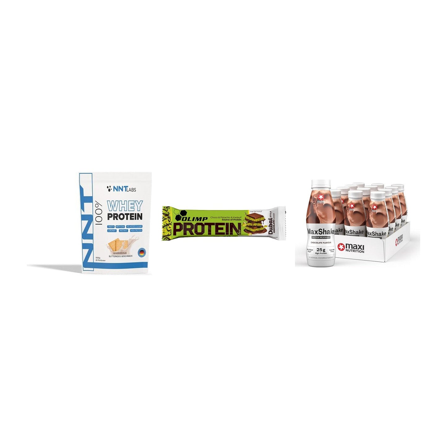 Schokolade Geschmacks-Trio: NNT Whey + 3× Olimp Protein + 1 weitere – alle enthaltenen Artikel