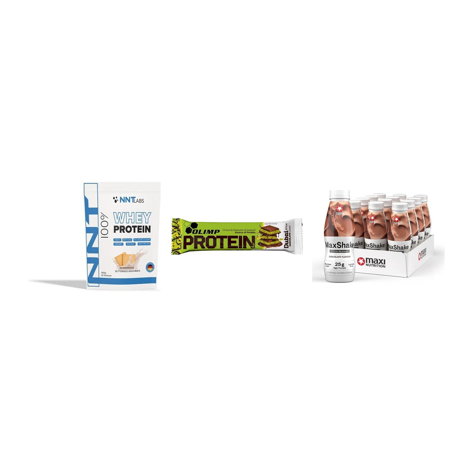 Schokolade Geschmacks-Trio: NNT Whey + 3× Olimp Protein + 1 weitere – alle enthaltenen Artikel