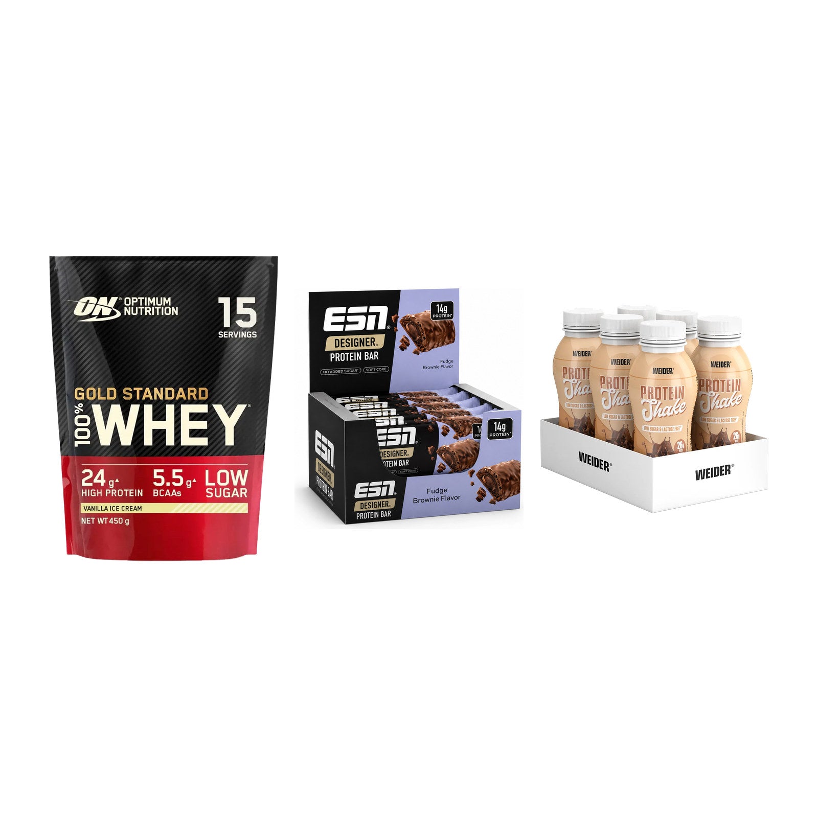 Schokolade Geschmacks-Trio: ON Whey Gold + 3× ESN Designer + 1 weitere – alle enthaltenen Artikel