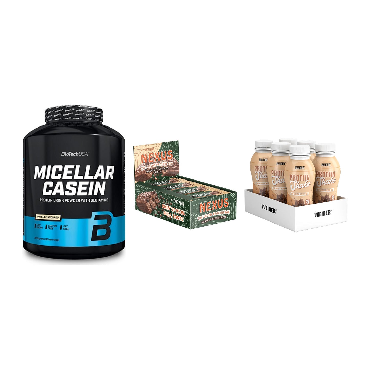 Schokolade Geschmacks-Trio: BioTech + 3× ProFuel + 2× Weider PROTE – alle enthaltenen Artikel