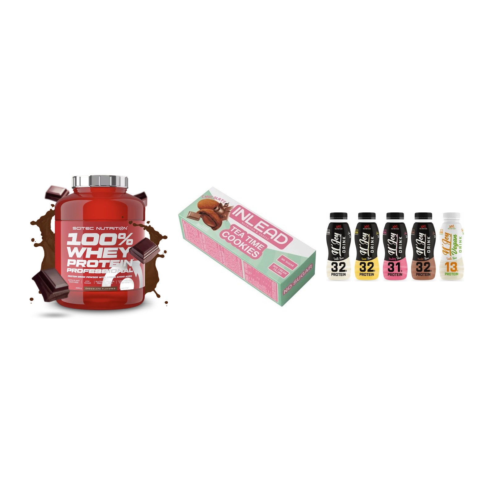 Schokolade Geschmacks-Trio: Scitec 100% + 3× INLEAD Tea + 1 weitere – alle enthaltenen Artikel