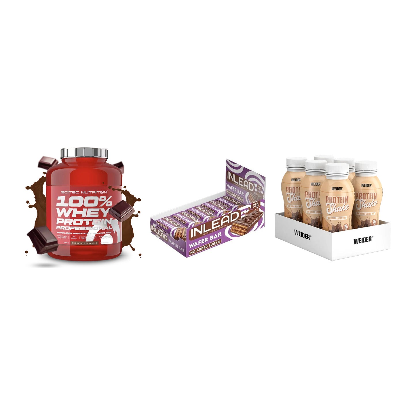 Schokolade Geschmacks-Trio: Scitec 100% + 3× INLEAD Wafer + 1 weitere – alle enthaltenen Artikel