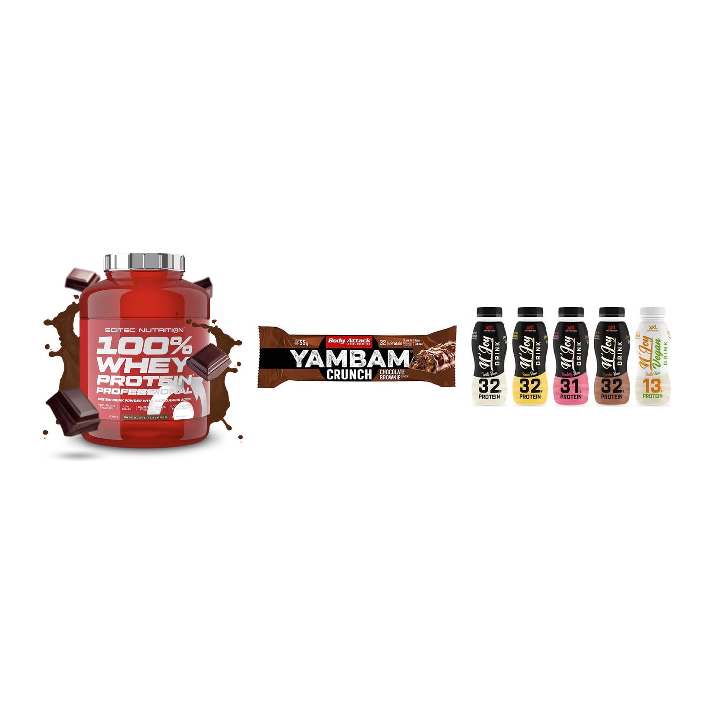 Schokolade Geschmacks-Trio: Scitec 100% + 3× Body Attack + 1 weitere – alle enthaltenen Artikel