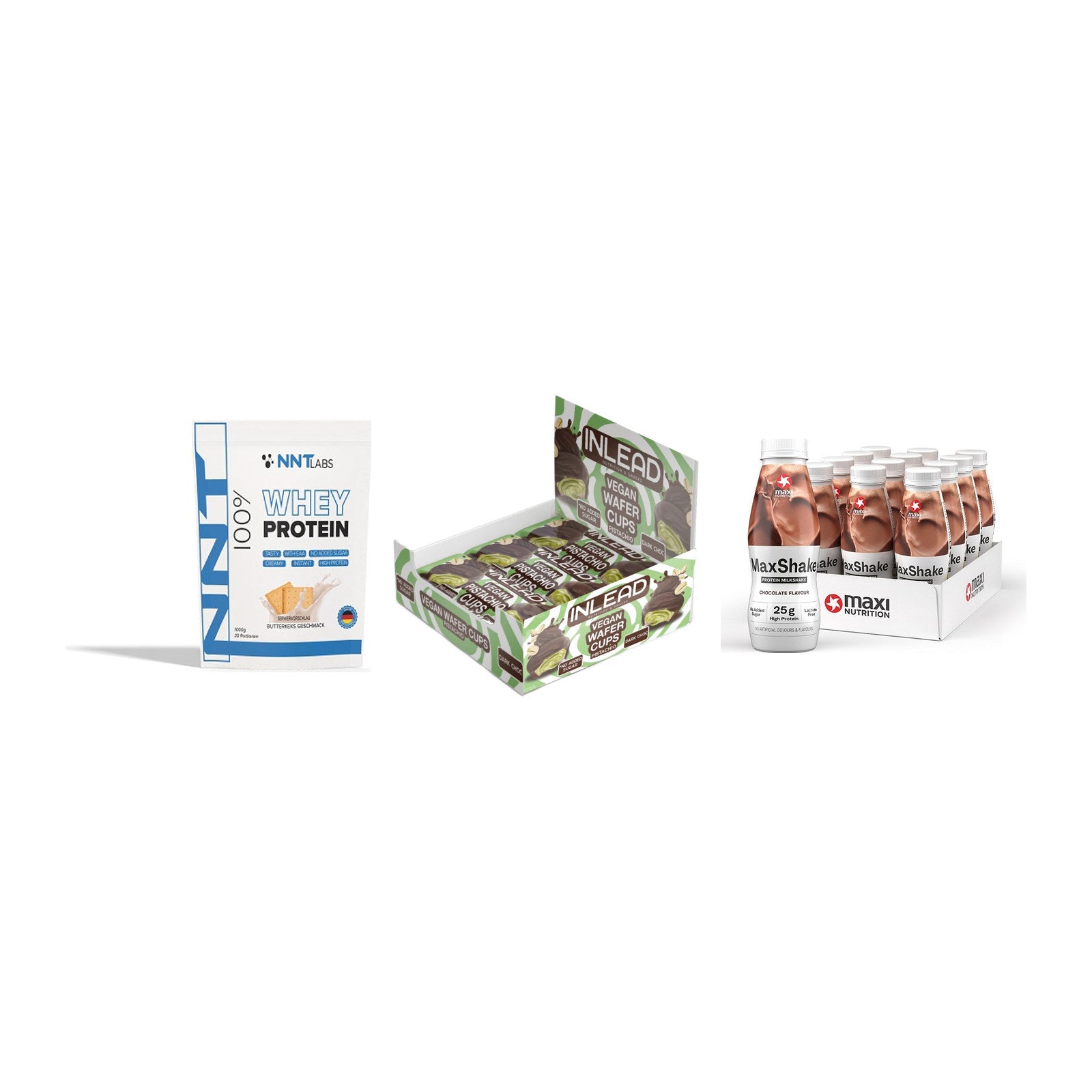 Schokolade Geschmacks-Trio: NNT Whey + 3× INLEAD Wafer + 1 weitere – alle enthaltenen Artikel