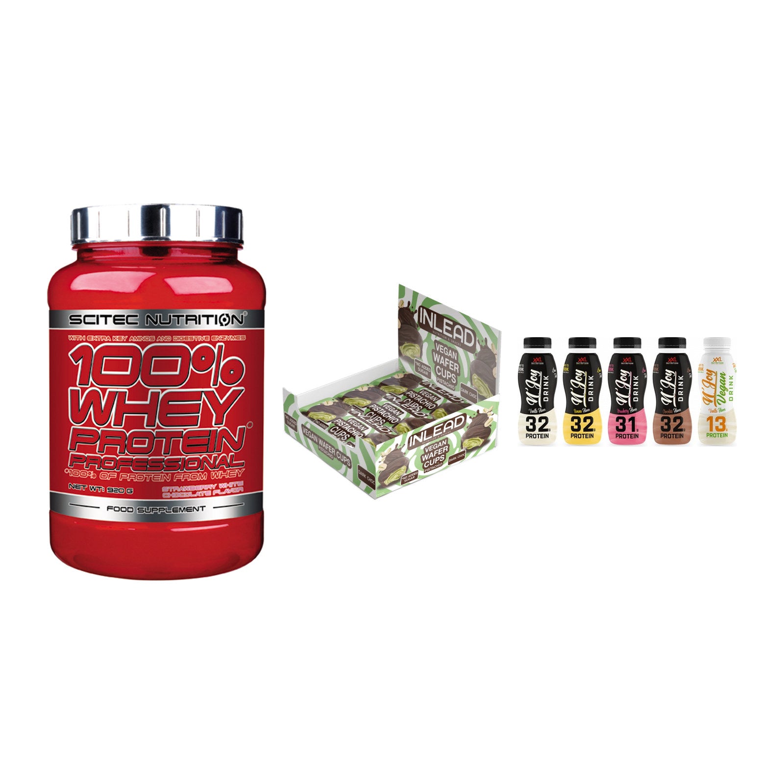 Schokolade Geschmacks-Trio: Scitec 100% + 3× INLEAD Wafer + 1 weitere – alle enthaltenen Artikel