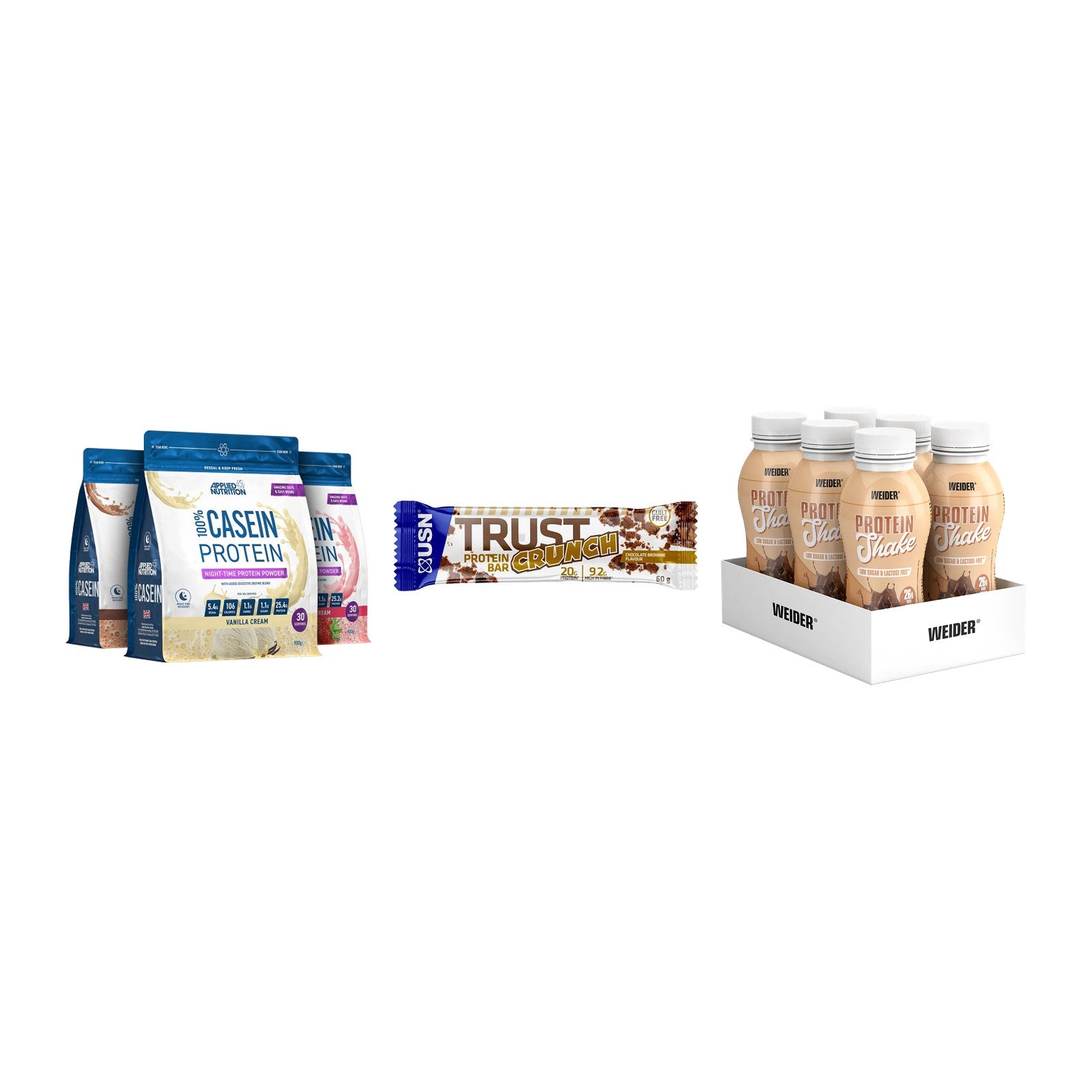 Schokolade Geschmacks-Trio: Applied + 3× USN TRUST + 2× Weider PROTE – alle enthaltenen Artikel