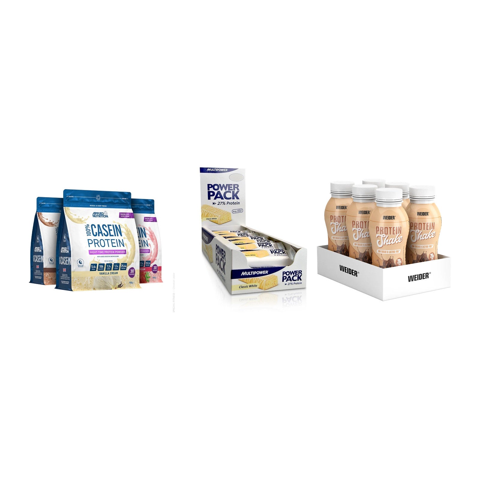 Schokolade Geschmacks-Trio: Applied + 3× Multipower + 2× Weider PROTE – alle enthaltenen Artikel