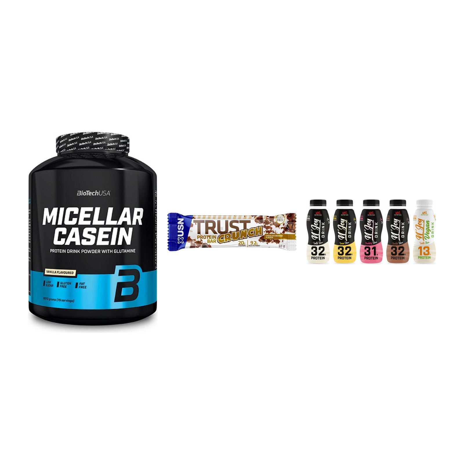Schokolade Geschmacks-Trio: BioTech + 3× USN TRUST + 2× XXL Nutritio – alle enthaltenen Artikel