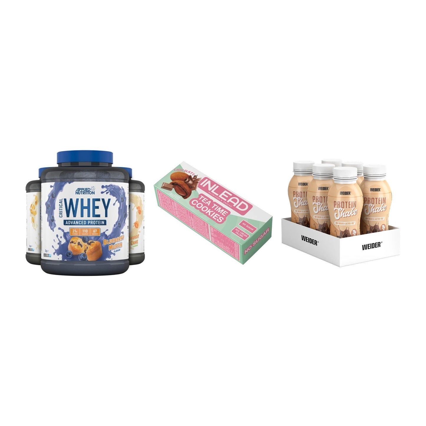 Schokolade Geschmacks-Trio: Applied + 3× INLEAD Tea + 2× Weider PROTE – alle enthaltenen Artikel