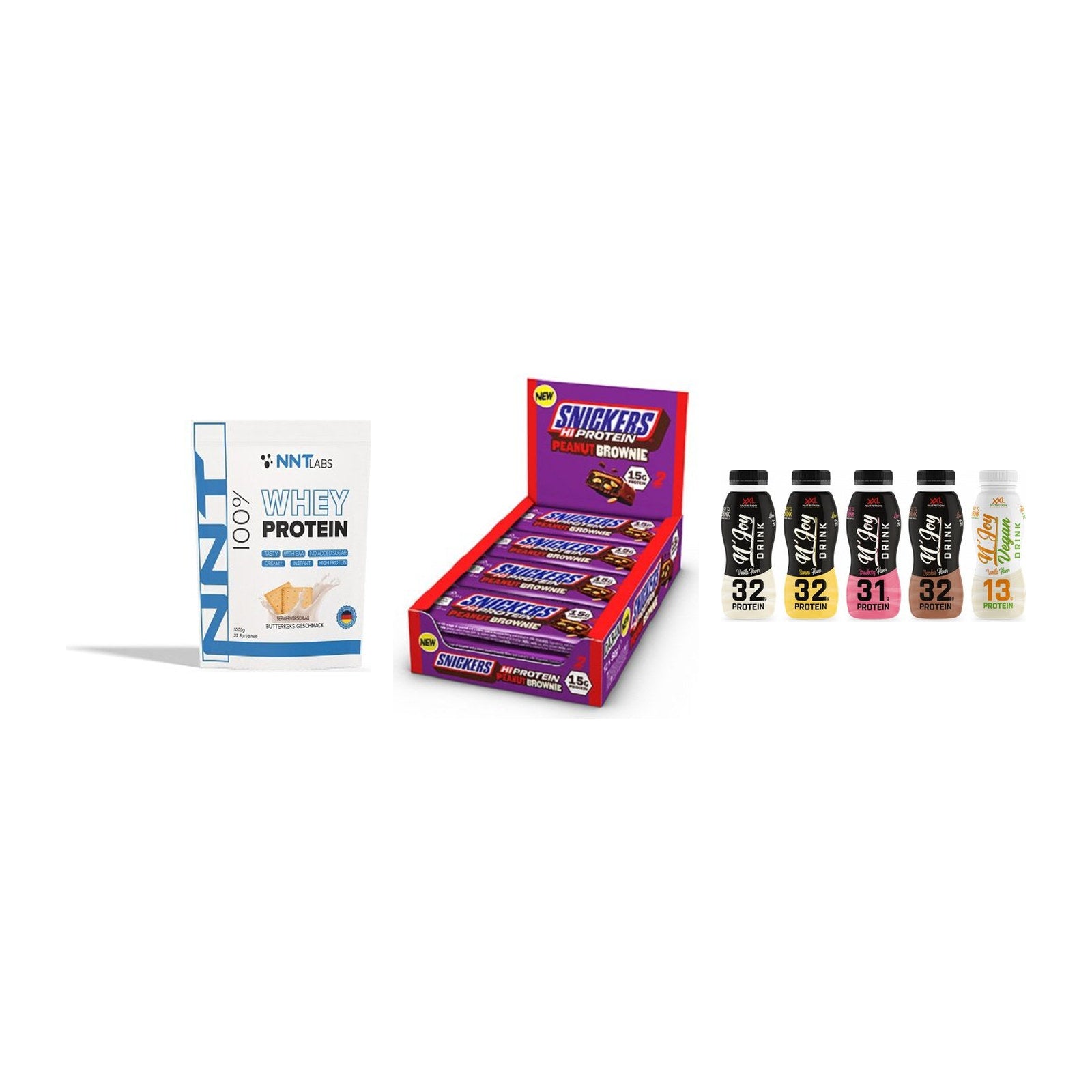 Schokolade Geschmacks-Trio: NNT Whey + 3× Snickers + 2× XXL Nutritio – alle enthaltenen Artikel