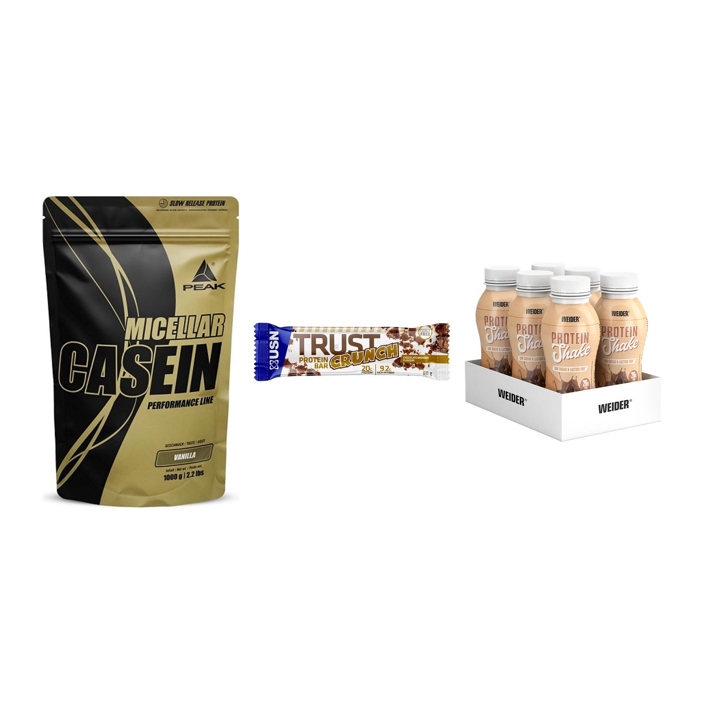 Schokolade Geschmacks-Trio: Peak Micellar + 3× USN TRUST + 1 weitere – alle enthaltenen Artikel