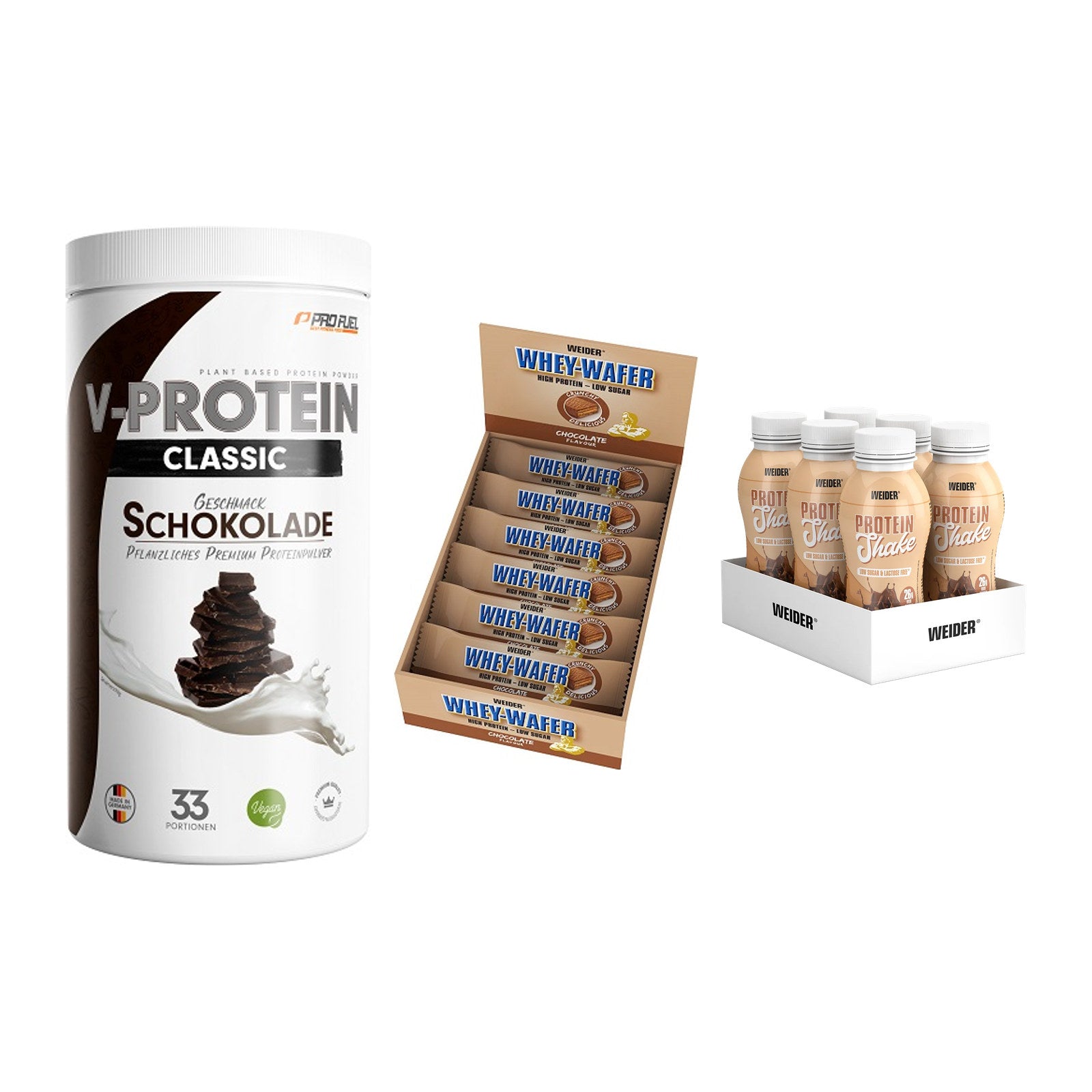 Schokolade Geschmacks-Trio: ProFuel + 3× Weider Whey + 2× Weider PROTE – alle enthaltenen Artikel