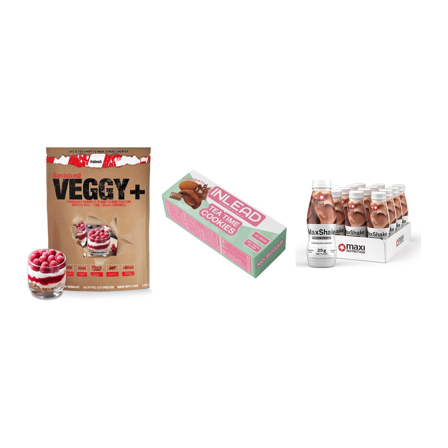 Schokolade Geschmacks-Trio: Sinob VEGGY + 3× INLEAD Tea + 1 weitere – alle enthaltenen Artikel