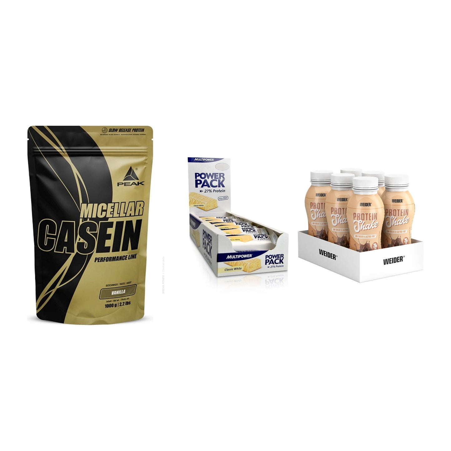 Schokolade Geschmacks-Trio: Peak Micellar + 3× Multipower + 1 weitere – alle enthaltenen Artikel