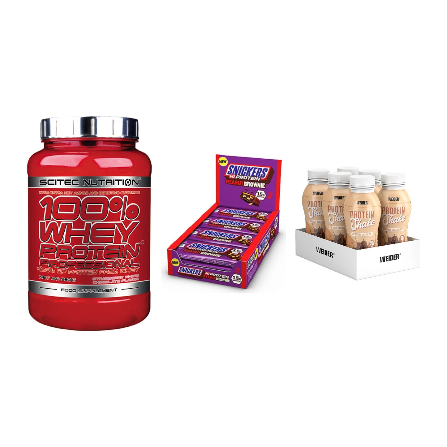 Schokolade Geschmacks-Trio: Scitec 100% + 3× Snickers High + 1 weitere – alle enthaltenen Artikel