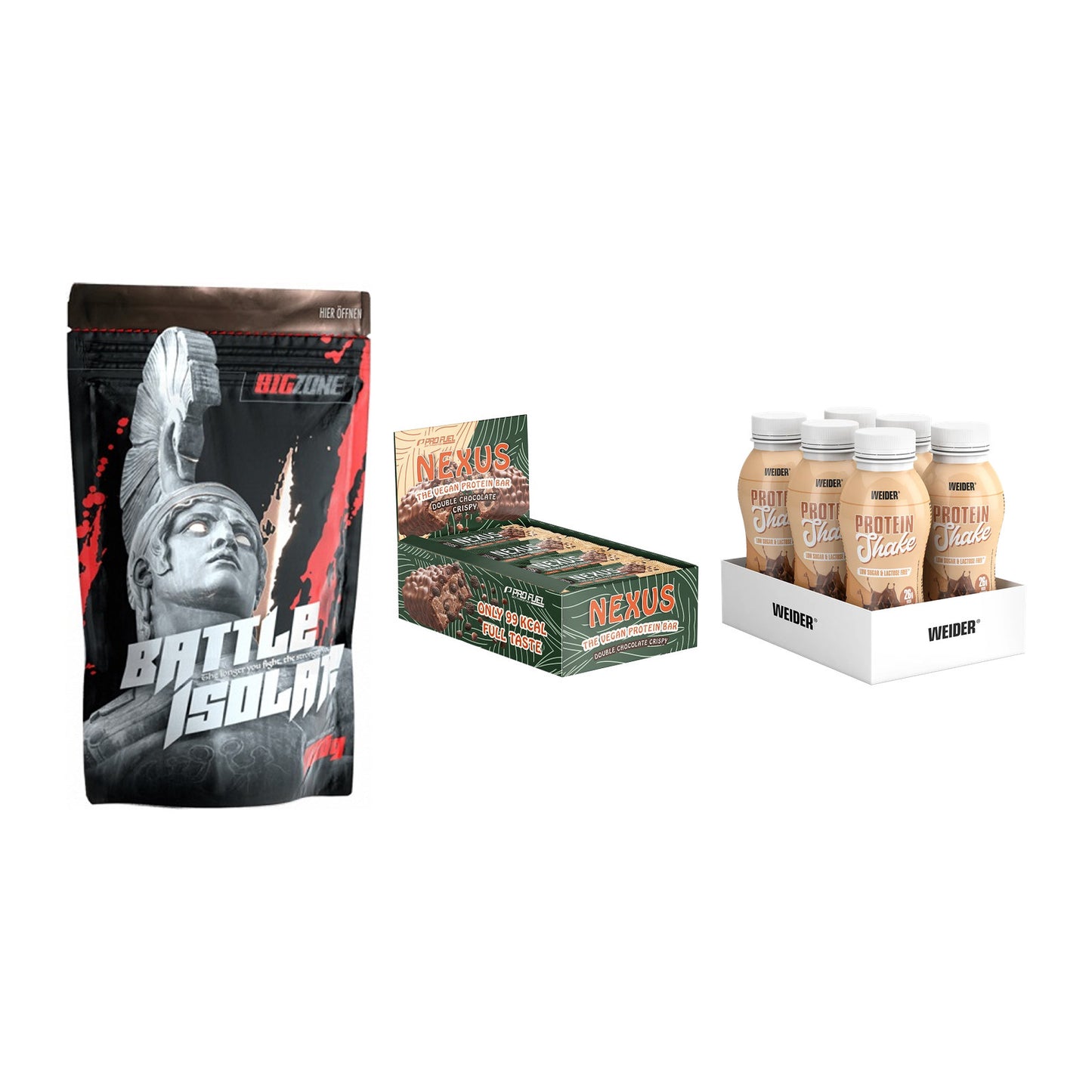Schokolade Geschmacks-Trio: Big Zone + 3× ProFuel + 2× Weider PROTE – alle enthaltenen Artikel