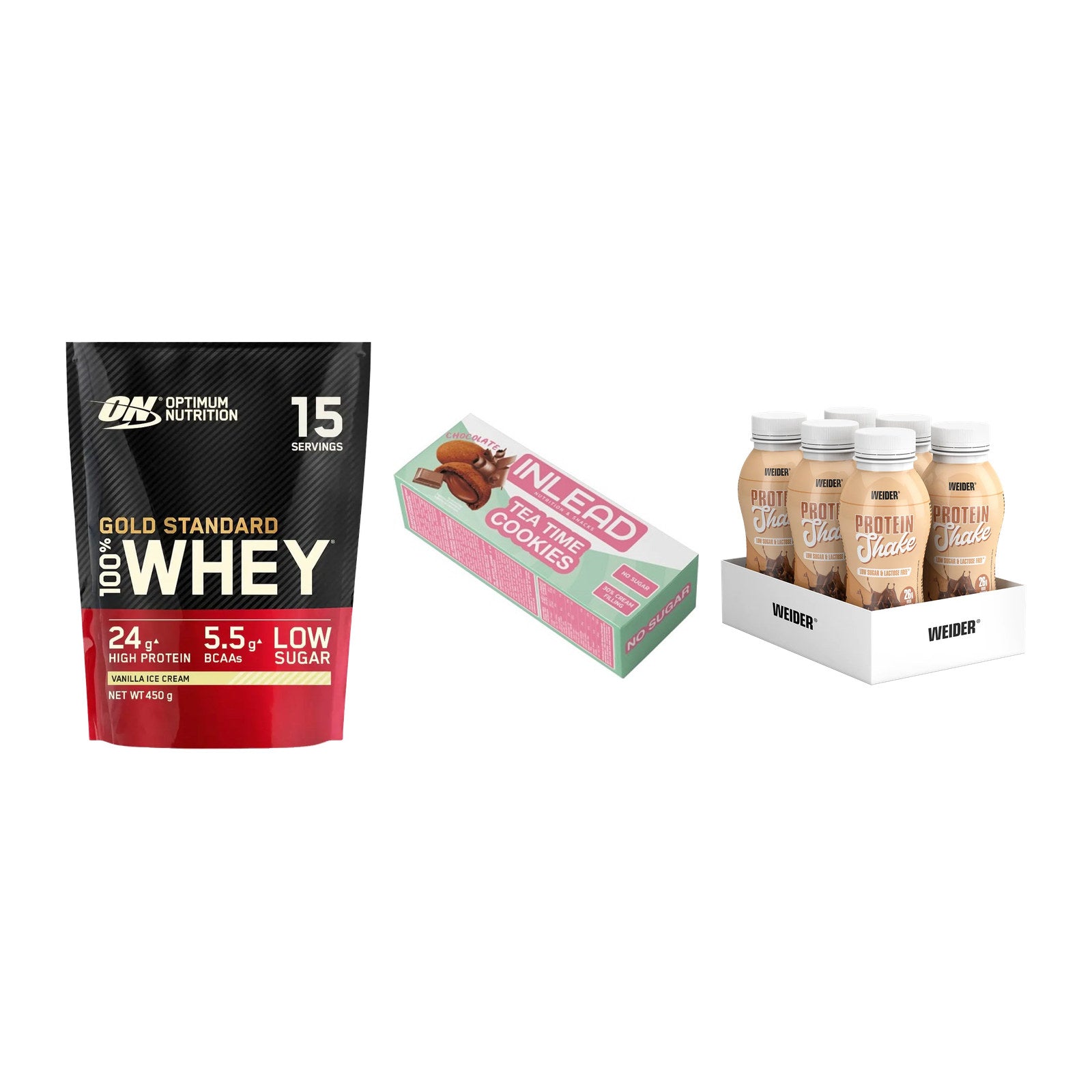 Schokolade Geschmacks-Trio: ON Whey Gold + 3× INLEAD Tea + 1 weitere – alle enthaltenen Artikel