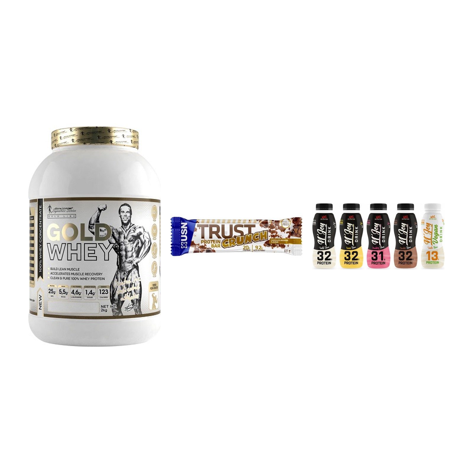 Schokolade Geschmacks-Trio: Kevin Levrone + 3× USN TRUST + 1 weitere – alle enthaltenen Artikel