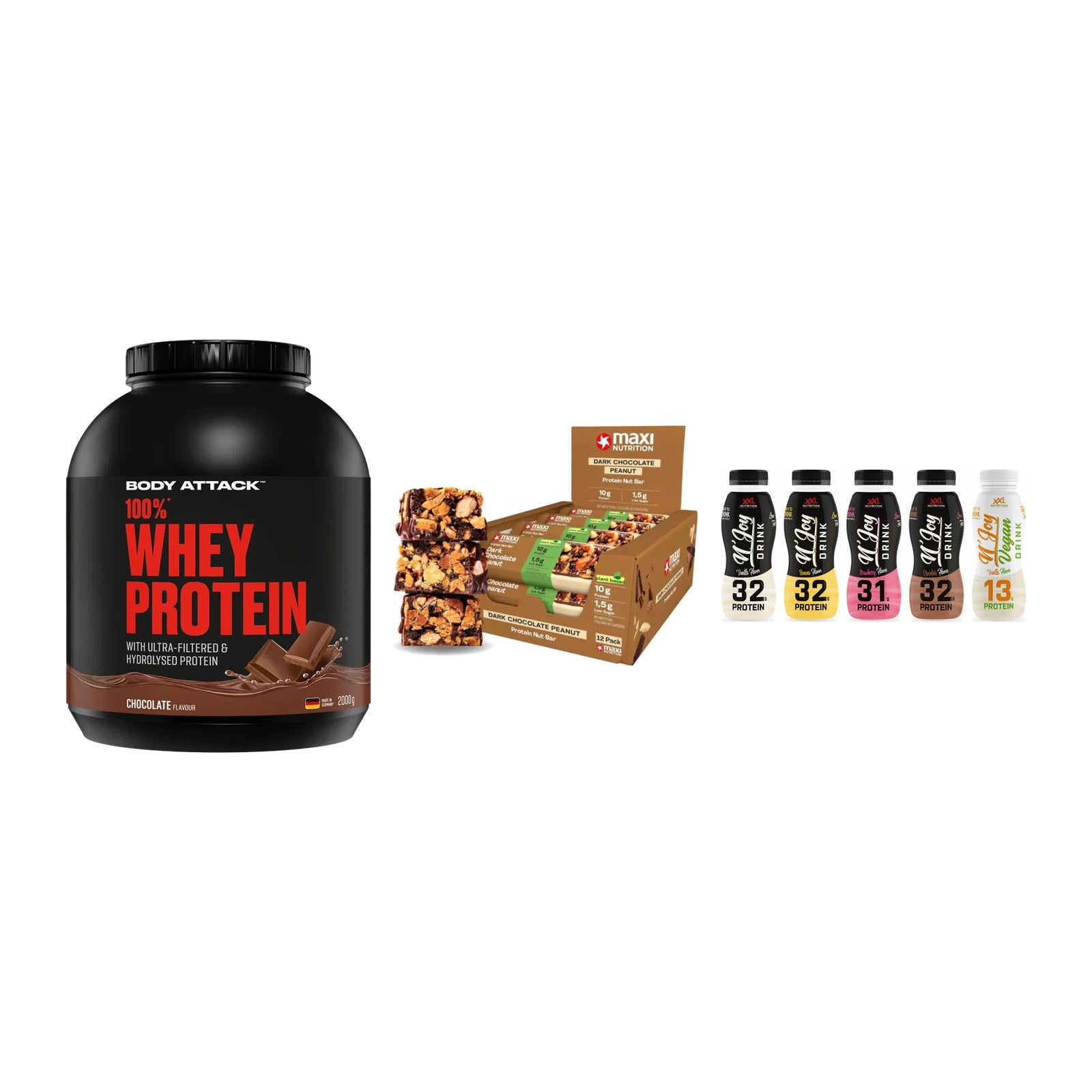 Schokolade Geschmacks-Trio: Body Attack + 3× MaxiNutrition + 1 weitere – alle enthaltenen Artikel