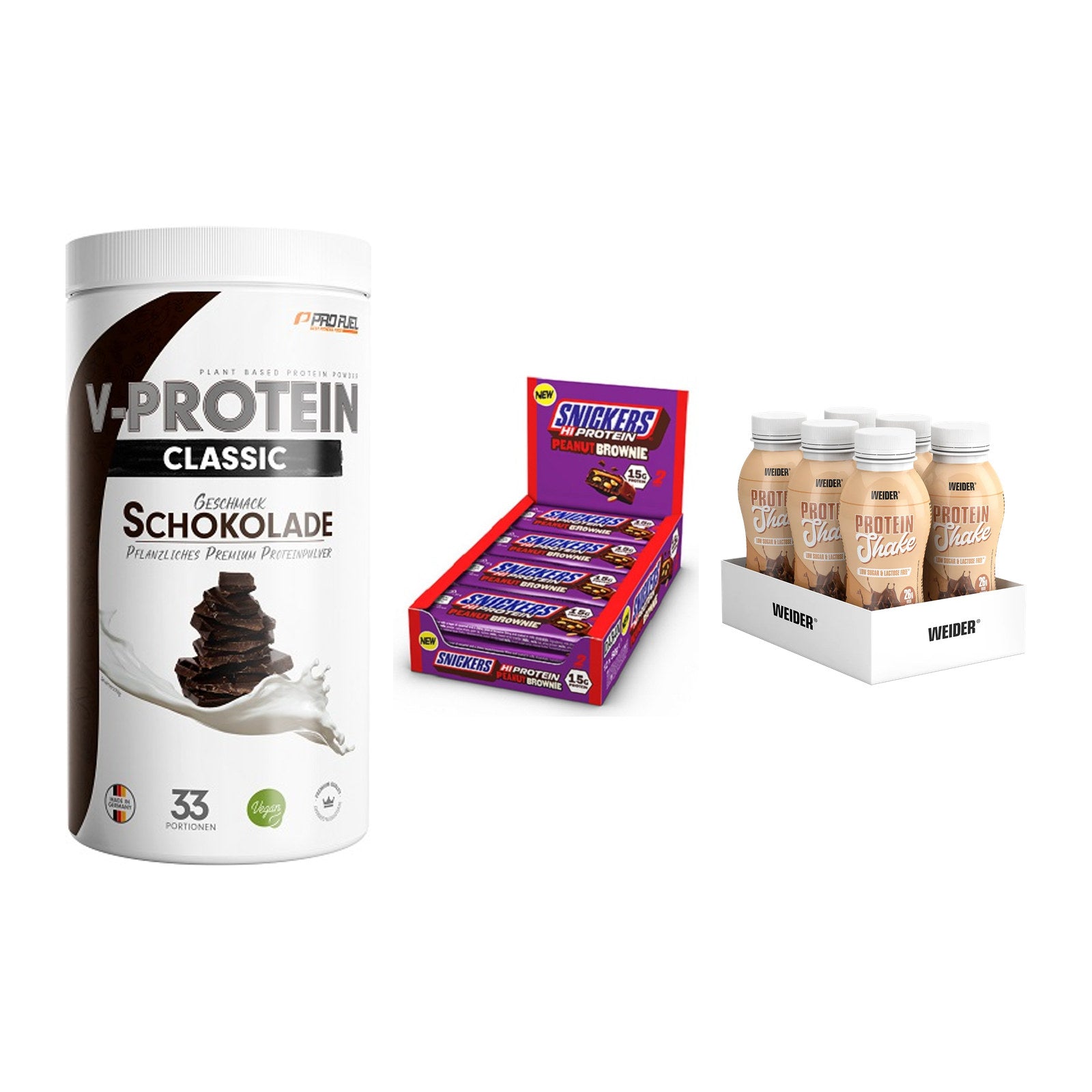 Schokolade Geschmacks-Trio: ProFuel + 3× Snickers + 2× Weider PROTE – alle enthaltenen Artikel
