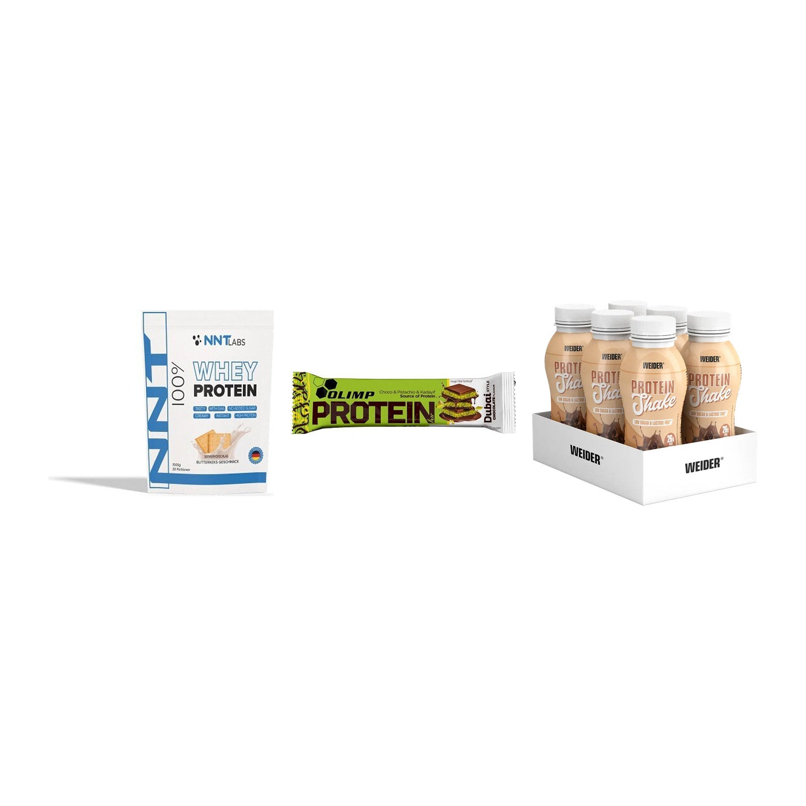 Schokolade Geschmacks-Trio: NNT Whey + 3× Olimp Protein + 1 weitere – alle enthaltenen Artikel