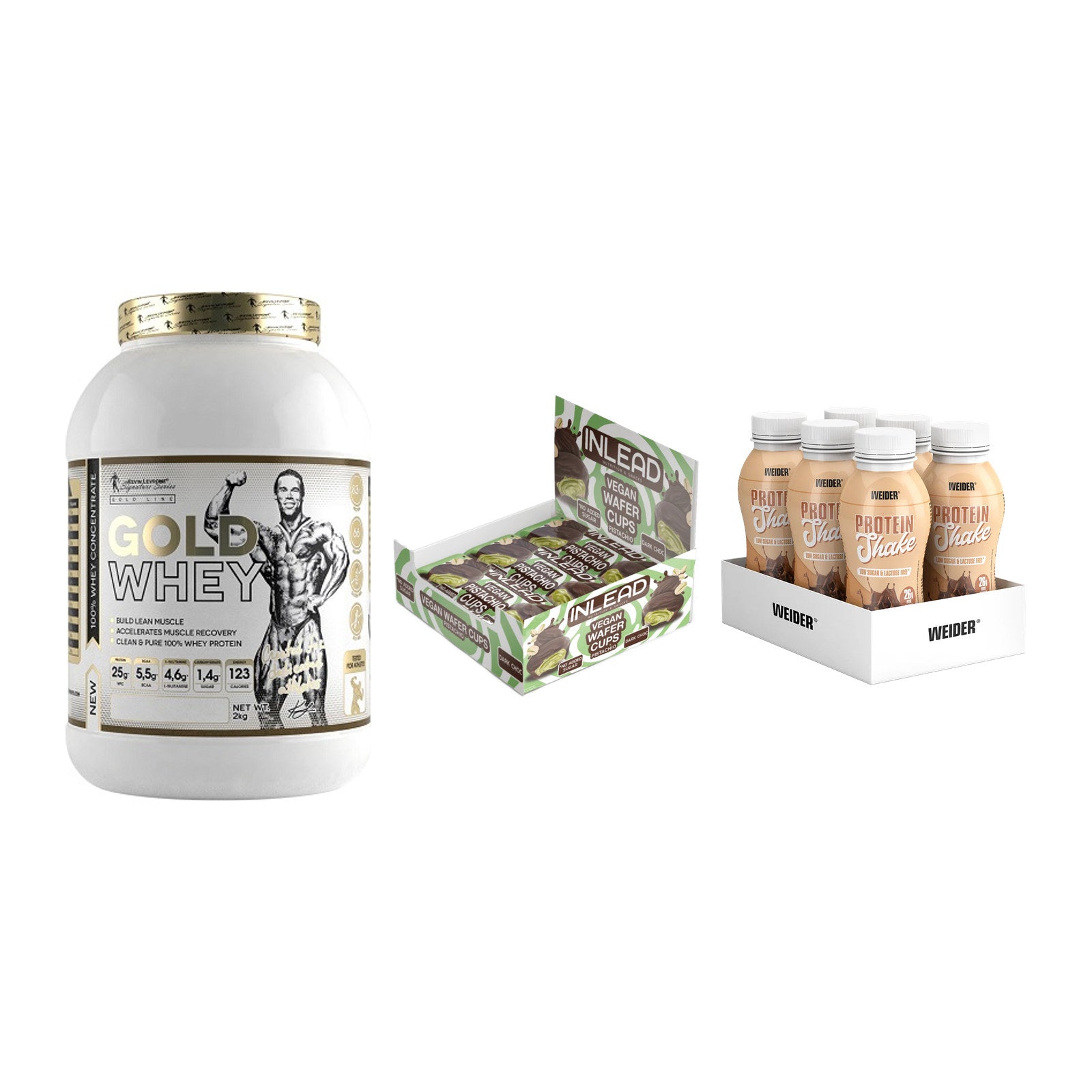 Schokolade Geschmacks-Trio: Kevin Levrone Gold Whey + 2 weitere – alle enthaltenen Artikel