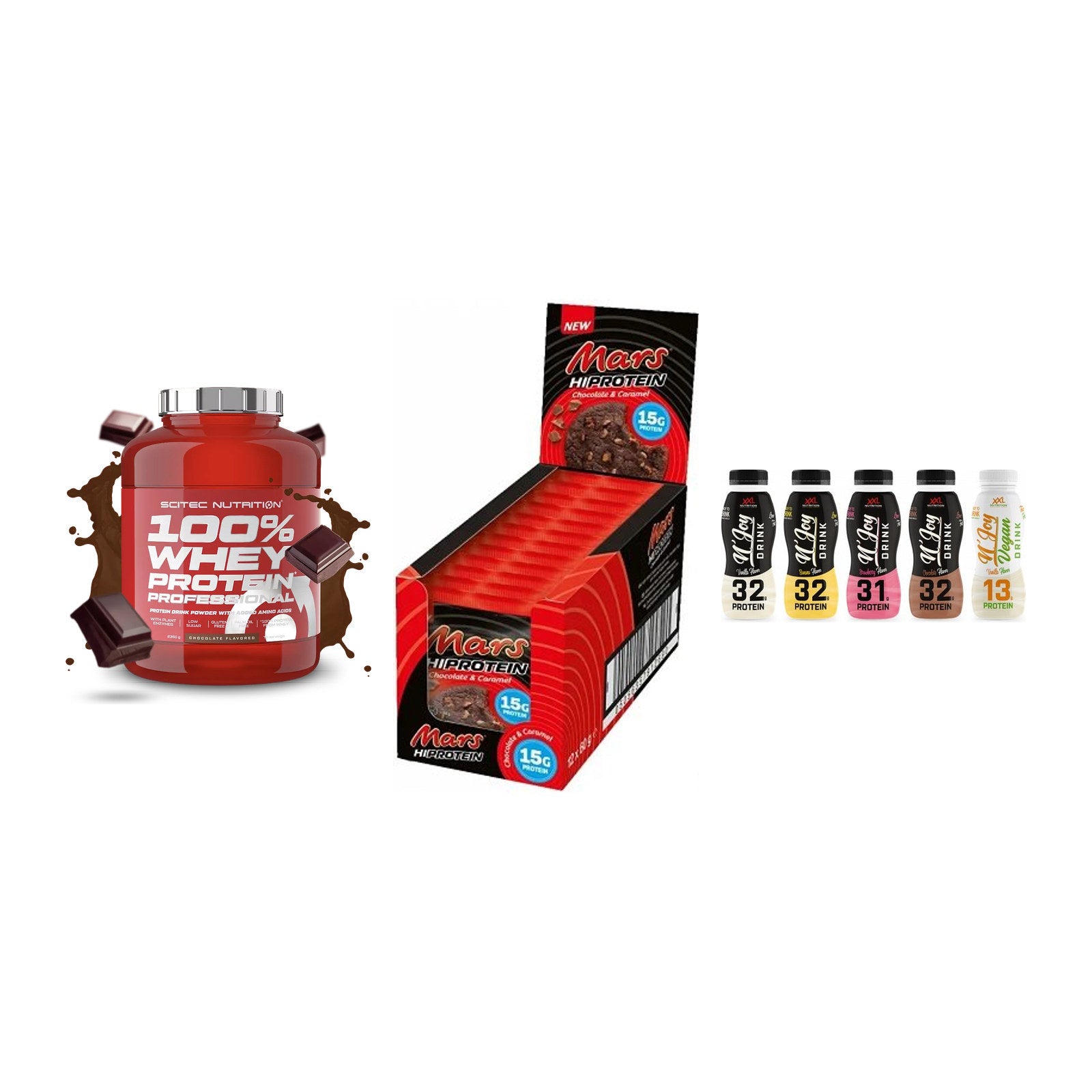 Schokolade Geschmacks-Trio: Scitec 100% + 3× Mars High + 1 weitere – alle enthaltenen Artikel
