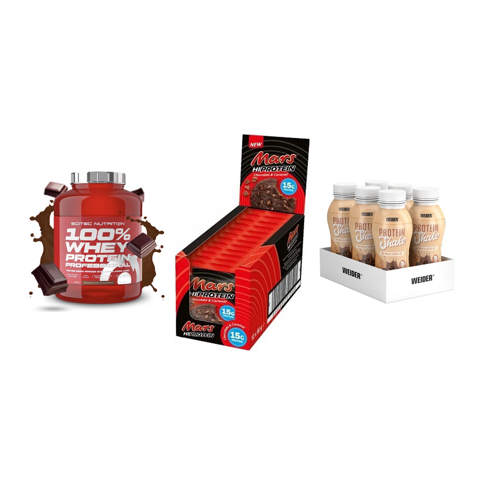 Schokolade Geschmacks-Trio: Scitec 100% + 3× Mars High + 1 weitere – alle enthaltenen Artikel