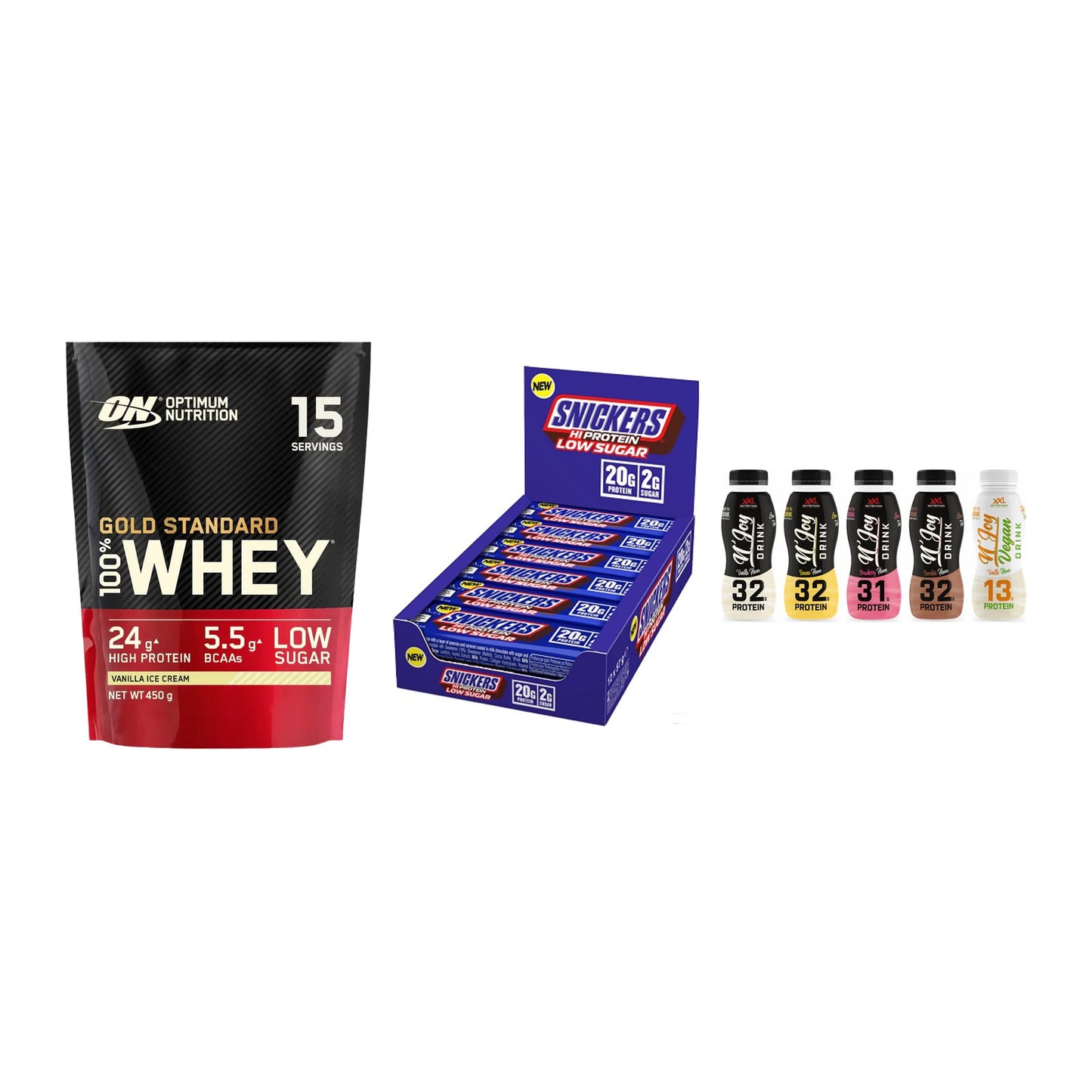 Schokolade Geschmacks-Trio: ON Whey Gold + 3× Snickers LOW + 1 weitere – alle enthaltenen Artikel