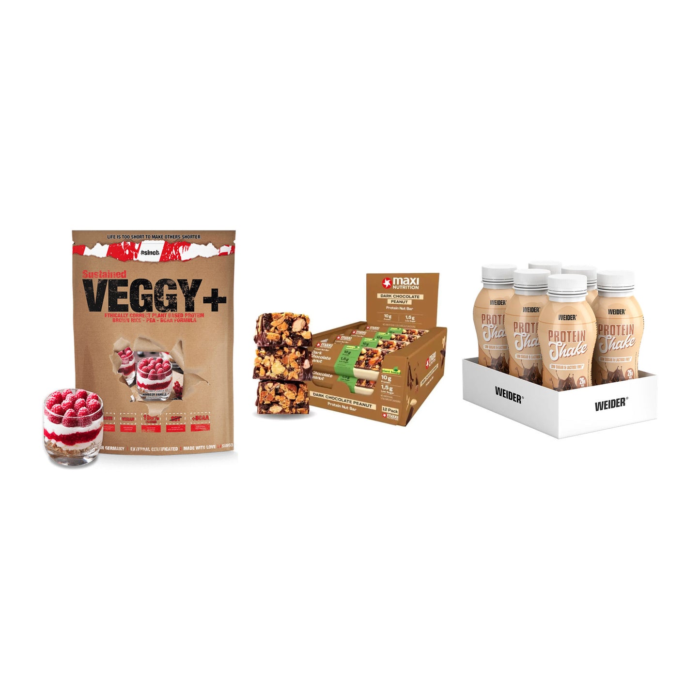 Schokolade Geschmacks-Trio: Sinob VEGGY + 3× MaxiNutrition + 1 weitere – alle enthaltenen Artikel