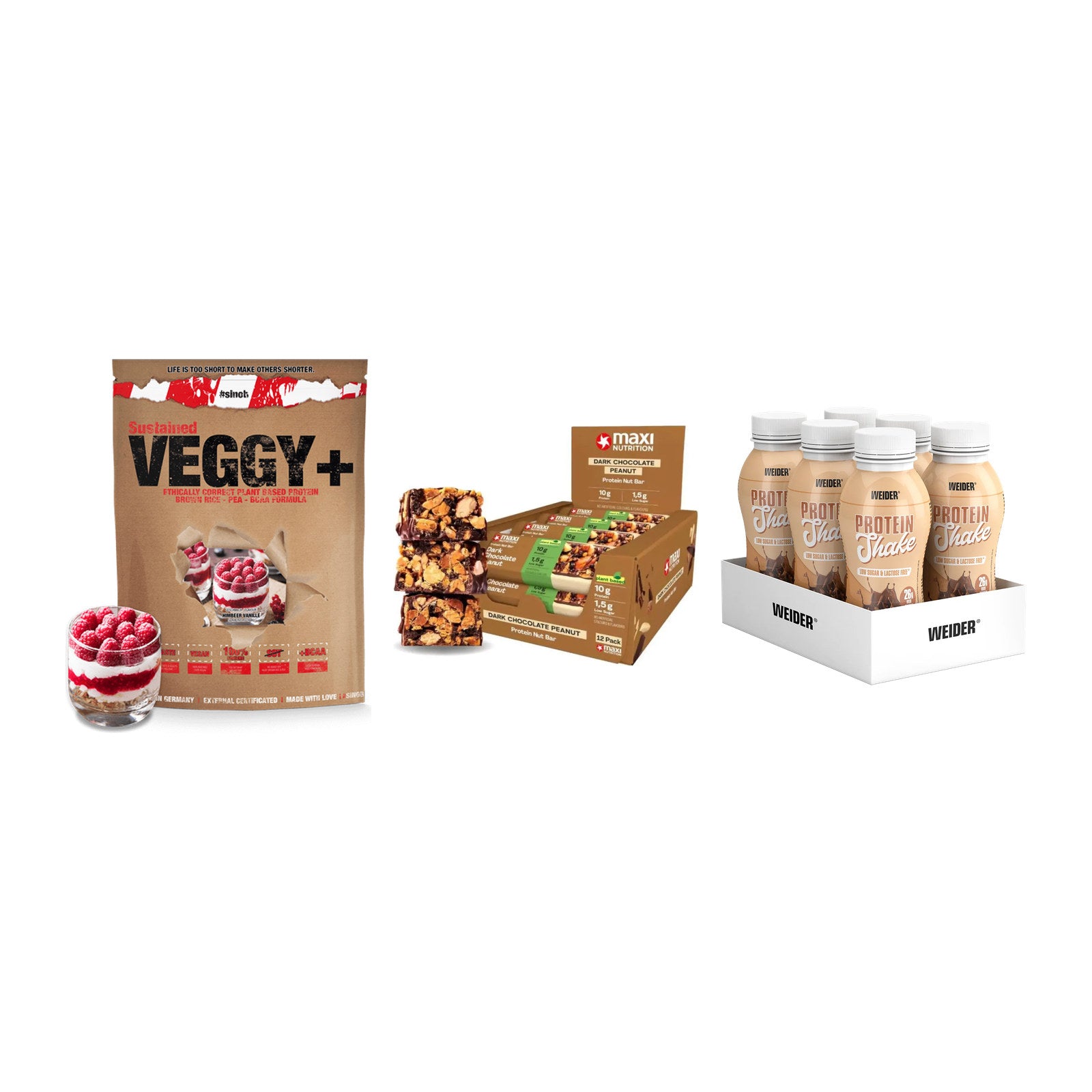 Schokolade Geschmacks-Trio: Sinob VEGGY + 3× MaxiNutrition + 1 weitere – alle enthaltenen Artikel